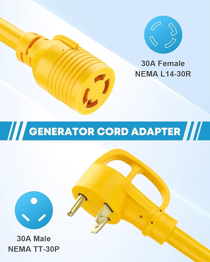 Kohree NEMA TT-30P to L14-30R Generator Adapter Cord 30Amp 3 Prong to 4 Prong Adapter Generator Transfer Switch Adapter Cord STW 10 AWG 12'' 30 Amp Male Generator to 30 Amp House Inlet Box Adapter