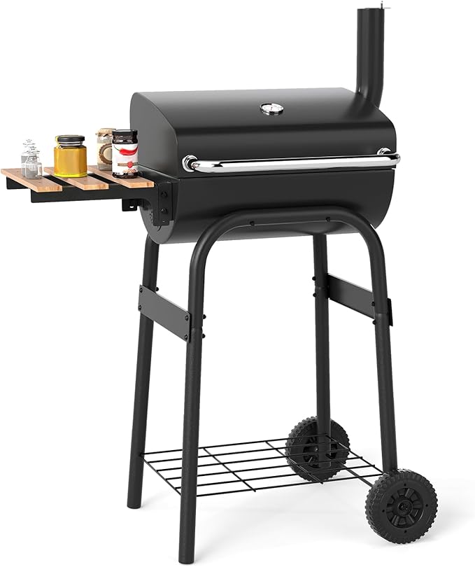 Giantex Portable Charcoal Grill with Foldable Side Table Outdoor BBQ Smoker Grill with Wheels Thermometer Adjustable Air Vent Bottom Shelf Barrel Barbecue Grills for Patio Camping &amp Tailgate