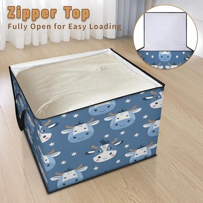 XL Large Clothes Storage with Lid Handle Cute Cow Large Thick Clothes Blanket Storage Containers for Organizing Bedroom Closet Comforter Organization Storage Funny Cow