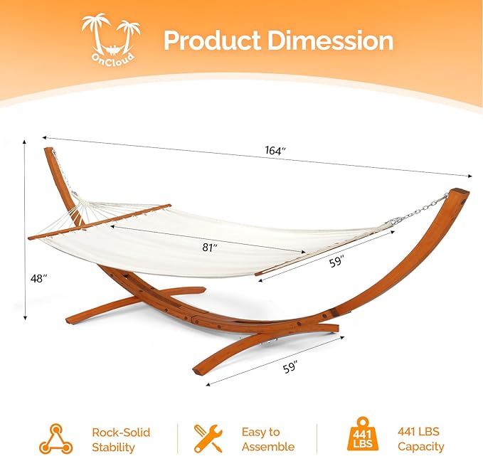OnCloud Double Hammock Wood Arc Stand Wooden Hammock W/Stand Classic Natural Hammock Set for Yard Garden (14 ft Set)