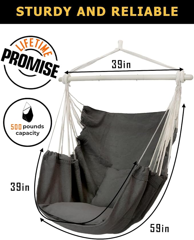 ADVOKAIR Hammock Chair Hanging Chair Swing Large Indoor with Anti-Slip Steel Spread Bar and Pocket-Max 500lbs-2 Cushions Perfect for BedroomOutdoorPatio PorchBackyard…