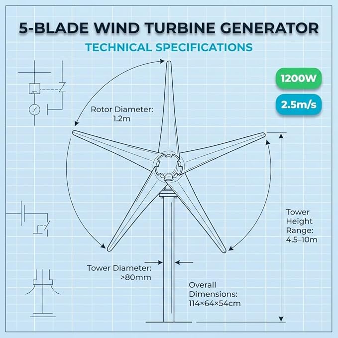 Wind Turbine Generator Kit 1200W 5 Blade Wind Generators for Home 12V 800RPM Power Kit with Controller Windmill Generator for Solar&ampWind System