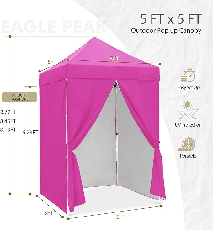 EAGLE PEAK 5x5 Instant Canopy with 4-Side Wall Panels Small Pop up Portable Canopy Tent with Carry Bag Light Weight Sun Shelter for Sports Camping and Beach Pink