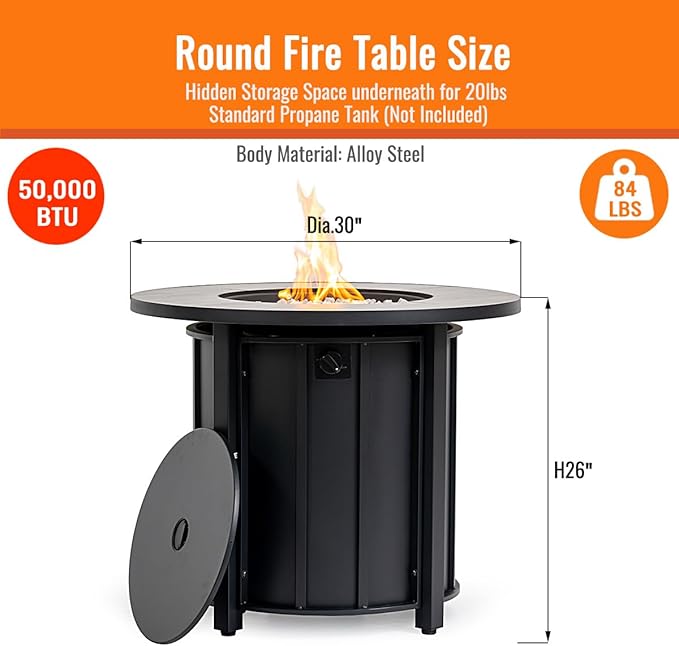 30'' Concrete Round Gas Fire Pit 50000 BTU Steel Outdoor Fire Tables Fire Table with Lid Add Warmth &amp Ambience to Gatherings and Parties On Patio Deck Garden BackyardWhite Glass Stone.