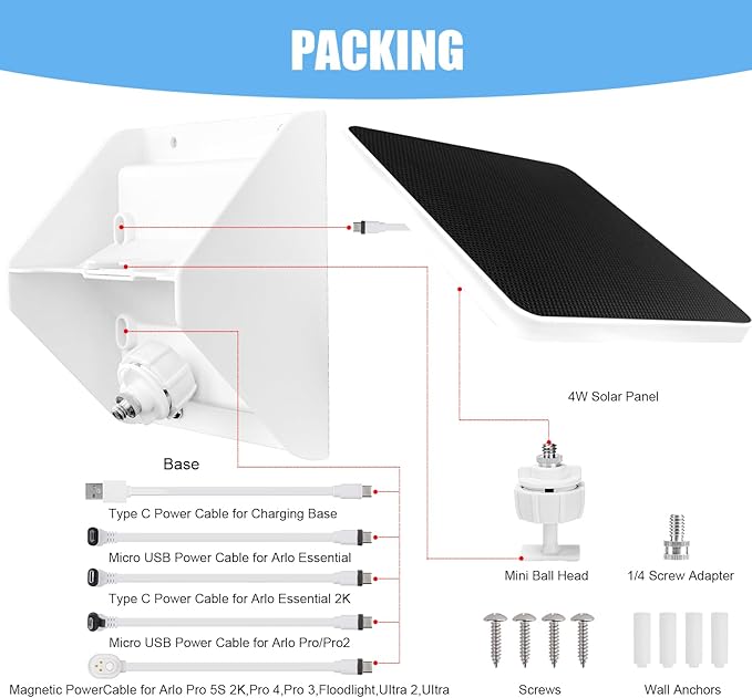 4W Solar Panel Charging Mount for Arlo Essential 2K (2nd Gen)Essential XLEssential SpotlightArlo Pro 6/6 XLPro 4/3/2Pro 5S 2KUltra 2UltraIP67 Weatherproof Continuously for 365 Days