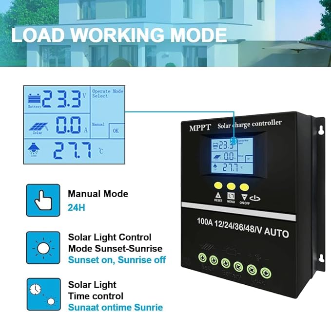 100A MPPT Solar Controller 12V 24V 36V 48V Auto USB Charging Ports Backlit LCD Display Battery  Solar Charged Controller for PV System Solar Panel Regulator