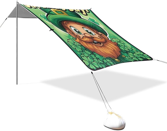 St Patrick's Day Cartoon Leprechaun Beach Tent Sun Shelter Set UPF50+ UV Protection 10.5 x 9.19 FT Camping Shade Canopy with Sandbags Sand Anchors Carrying Bag and Others