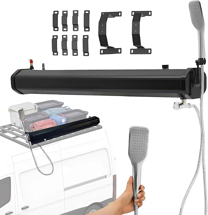 4.8/5.3/7.9 Gallon Upgraded Pressurized Water Tank Camping Roof Rack Mount Road Shower Roof-Mounted Roof Rack Water Tank for Camping Shower w/ 4.92ft Water Pipe &amp Shower Head 18L/4.8Gallon
