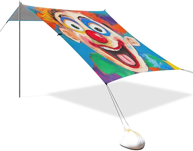 Clown Making Funny Faces at The Circus Foldable Beach Tent UPF50+ Water-Resistant Shade Sun Shelter with Sand Shovel for Backyard and Camping