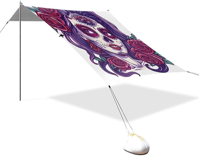ALAZA Sugar Skull Girl with Roses Day of The Dead Beach Tent Sun Shelter Portable Canopy Sunshade for Outdoor Camping Picnics Backyard Fun 10x9 ft