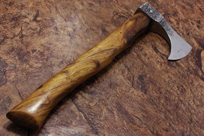 High Carbon Steel Voyager Axe Tomahawk Bearded Hiking Battle Axe 14 Inches Long with Rose Wood Round Handle Thick Cow Hide Leather Sheath