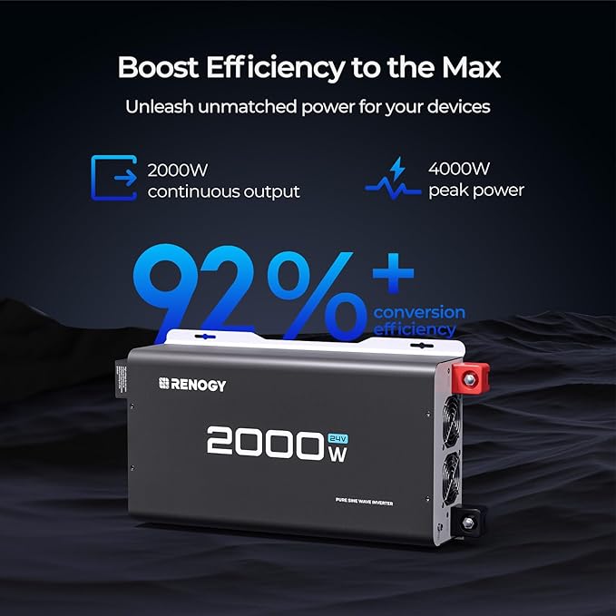 Renogy Inverter 24V 2000W Pure Sine Wave Inverter 4000W Peak Power Solar Car Power Inverter 24V DC to 120V AC for Truck Home Marine Camping RV 2 AC Outputs 16.4FT Remote Control