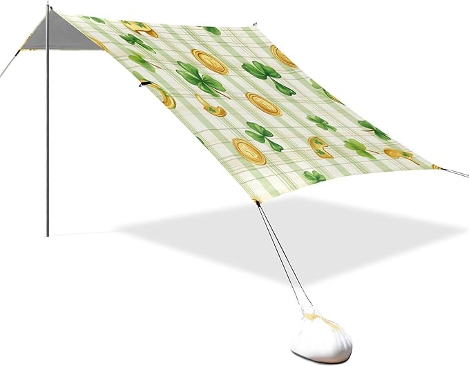 xigua St. Patrick's Day Beach Tent Sun Shelter with Carrying Bag - Silver Coated Oxford Fabric Beach Canopy for Beach Camping Fishing - Includes Windproof Ropes Sandbags &amp Stakes