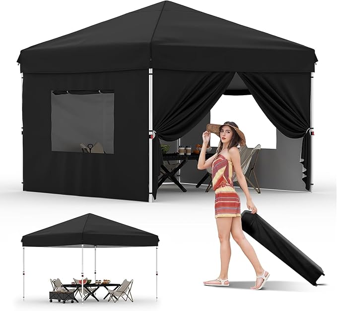10X10 Pop Up Canopy Tent with 4 Sidewalls Heavy Duty Commercial Instant Shelter One-Person Quick Setup Outdoor Party Tent Water-Resistant &amp Portable for Outdoor Events Camping Black