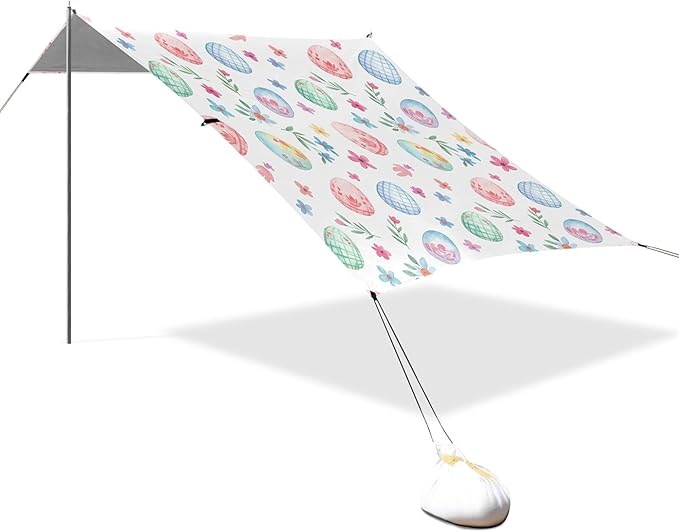 Easter Egg Beach Canopy Sun Shelter with Sandbags &amp Sand Shovel &amp Windproof Ropes - Portable 110x126 Beach Shade Beach Tent for Camping Picnics