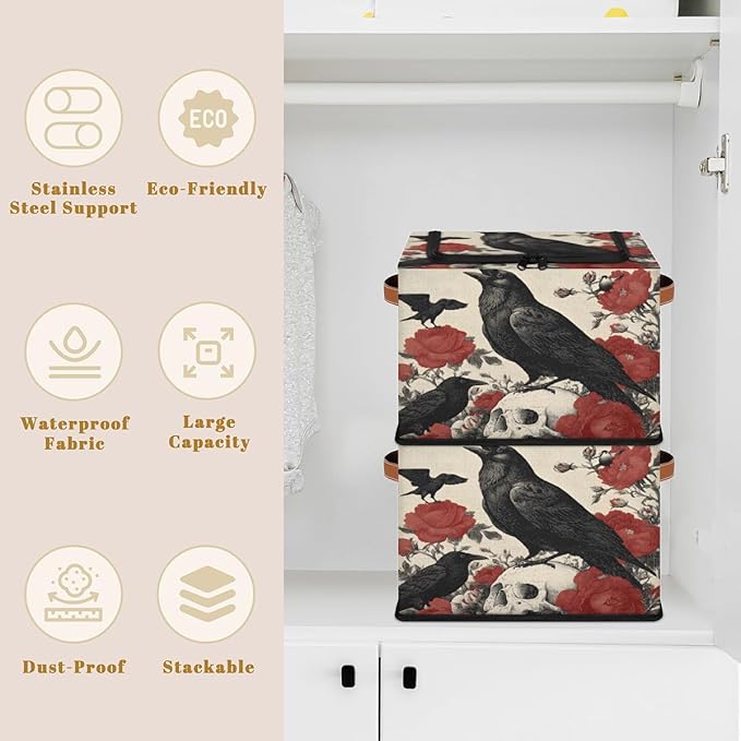 Halloween Crow Storage Bins with Lids Skull Floral Collapsible Cube Storage Basket with Leather Handle Foldable Storage Box with Lids for Organizing Home Closet