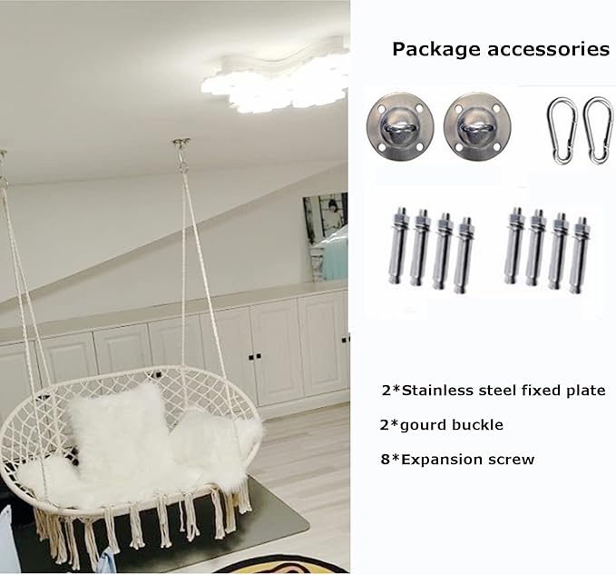 Hammock Chair 2 Seat with 2 Sets of Suspension Accessories Hanging Cotton Ropes Metal FrameSwing Hanging Chairfor Hammock Stand (b)