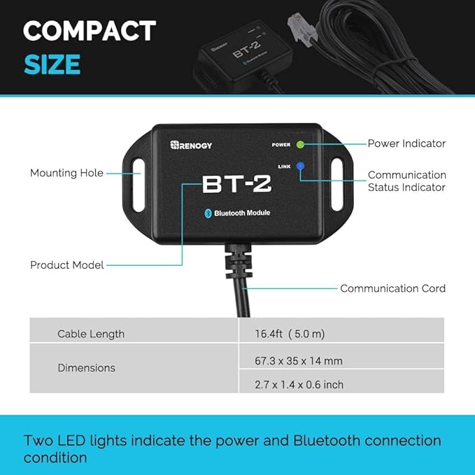 Renogy BT-2 Bluetooth Module for Solar Systems - Wireless Monitor &amp Control via DC Home App RS485/RJ45 Port 82ft RangeIP54 WaterproofCompatible with MPPT ControllersLithium BatteriesInverter