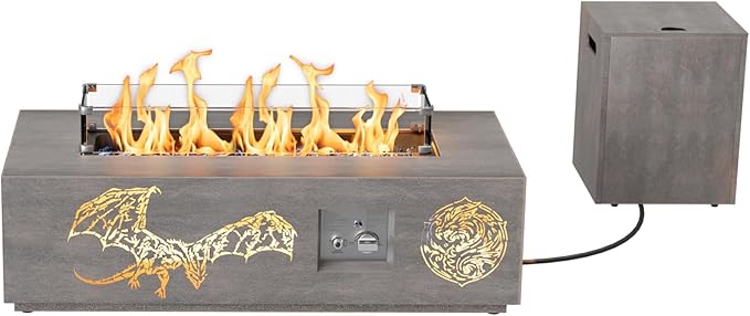 2-Piece 42 LED Rectangular Propane Fire Pit for Outside Patio with Hidden Tank Table 50000 BTU Fireplaces with Glass Wind Guard Lid Glass Rocks Cover(Dragon w/Warm Light