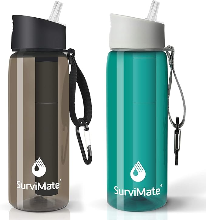 SurviMate Purified Water Bottle for Camping Hiking Backpacking and Travel BPA Free with 5-Stage Intergrated Filter Straw