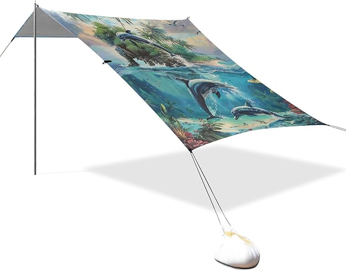 ALAZA Dolphins Tropical Island Caribbean Beach Tent Sun Shelter Portable Canopy Sunshade for Outdoor Camping Picnics Backyard Fun 10x9 ft