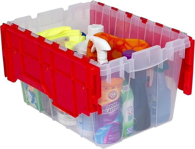 Akro-Mils KeepBox 12 Gallon Storage Container Nesting and Stackable Plastic Storage Box with Lid Attached Clear Tote for Garages Closets and Moving 21-1/2 x 15 x 12-1/2 Clear/Red