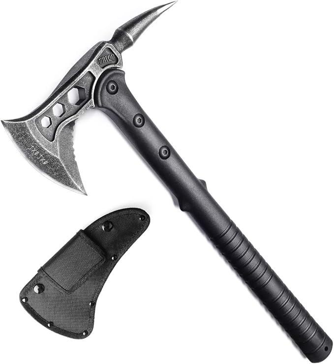 JXE JXO Camping Axe Tomahawk with Spike Survival Hatchet with Sheath Nylon Fiber Handle for Outdoor Survival Hiking Camping （14.5 inch）