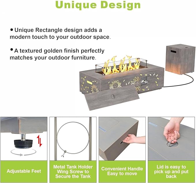 2-Piece 42 LED Rectangular Propane Fire Pit for Outside Patio with Hidden Tank Table 50000 BTU Fireplaces with Glass Wind Guard Lid Glass Rocks Cover(Sunflower w/Warm Light)