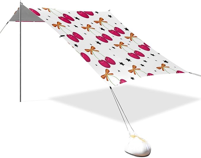Beach Canopy with Windproof Ropes &amp Sandbags Beach Tent Sun Shade Sun Shelter for Camping Trips Fishing Backyard Fun or Picnics Cherry