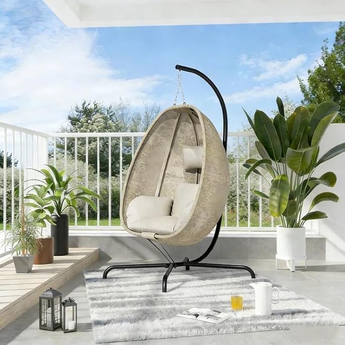 ALAULM Foldable Egg Chair with Stand 485LBS Capacity Textilene Hammock Swing Chair for Outdoor &amp Indoor Patio Hanging Chair with Strong Frame &amp UV Resistant Cushion for Balcony Bedroom Cre