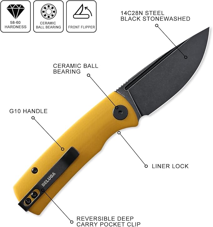 Petrified fish PFP01X Beluga2.99 14C28N Sand blasting Blade95.6g G10 Hande Front Flipper Liner lock Folding knife (Yellow G10 Black Stonewashed)