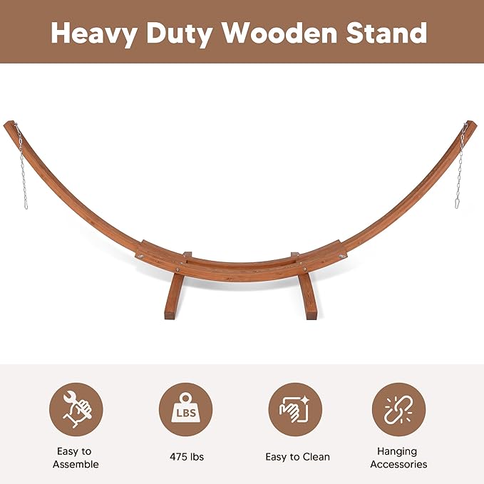 SUNCREAT 13.5 ft Wooden Hammock Stand Only Heavy Duty Larch Wood Arc Hammock Stand with Chains and Carabiners 475 lbs Capacity