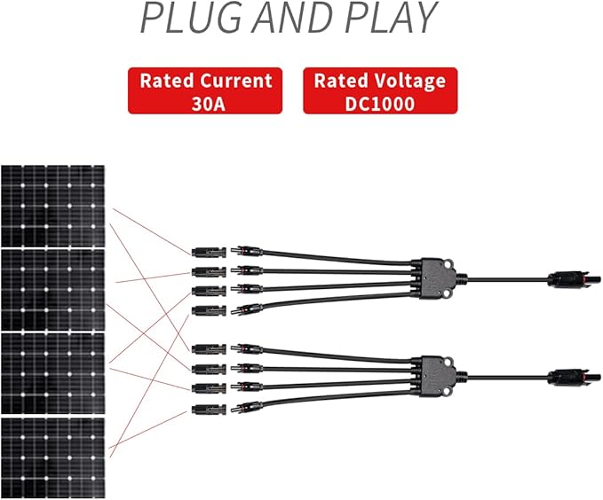 Solar Panel Connector Solar Connectors Y Branch Parallel Adapter Cable 12-Inch 1 Male to 4 Female(M/FFFF) and 1 Female to 4 Male(F/MMMM) Compatible with MC4 Solar Panels and Inverters