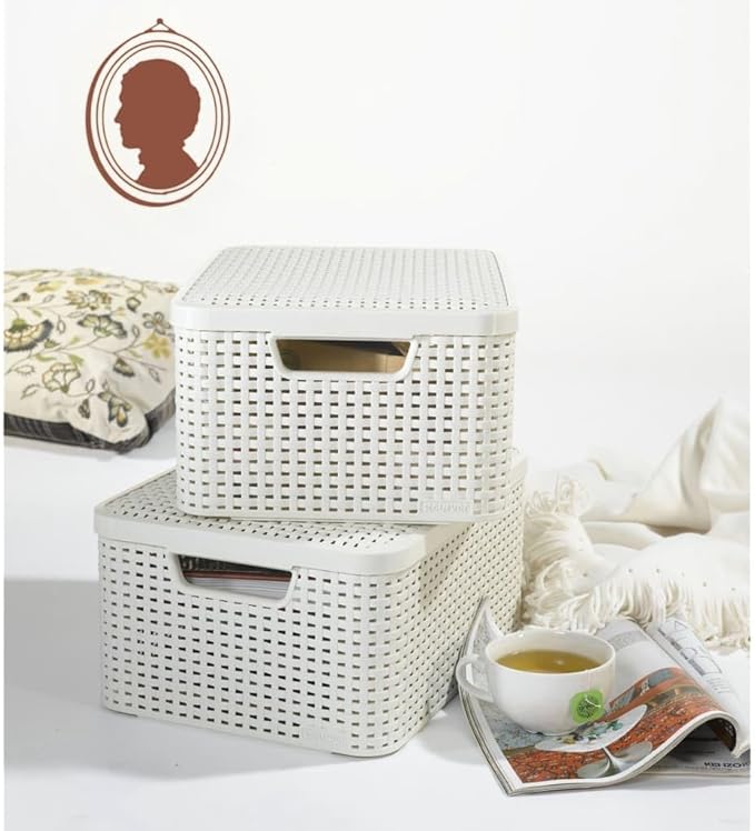 Curver Storage Box with Lid Rattan Look Plastic Storage Basket 39.3 x 29.3 x 18.7 cm Stackable Ecru