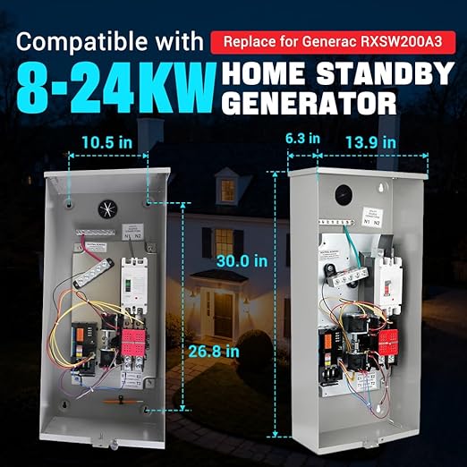 200 Amp Single Phase Generator Automatic Transfer Switch w/Power Management Replacement for Generac RXSW200A3 Service Entrance Rated Transfer Switch NEMA 3R Aluminum Enclosure