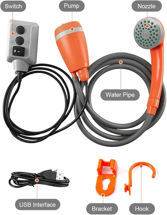 Portable Shower for Camping Shower Rechargeable Pump Outdoor Camping Shower Pump USB Rechargeable Shower Head with Folding Bucket for Camping Hiking Traveling
