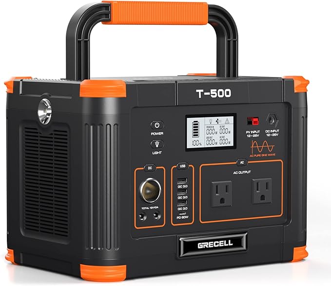 Portable Power Station 500W(Peak 1000W) 519Wh Outdoor Solar Generator Backup Battery Pack with 2 110V AC Outlets 500W 10-Port Powerhouse for RV/Van Camping Fishing Climbing Road Trip Home Emergency