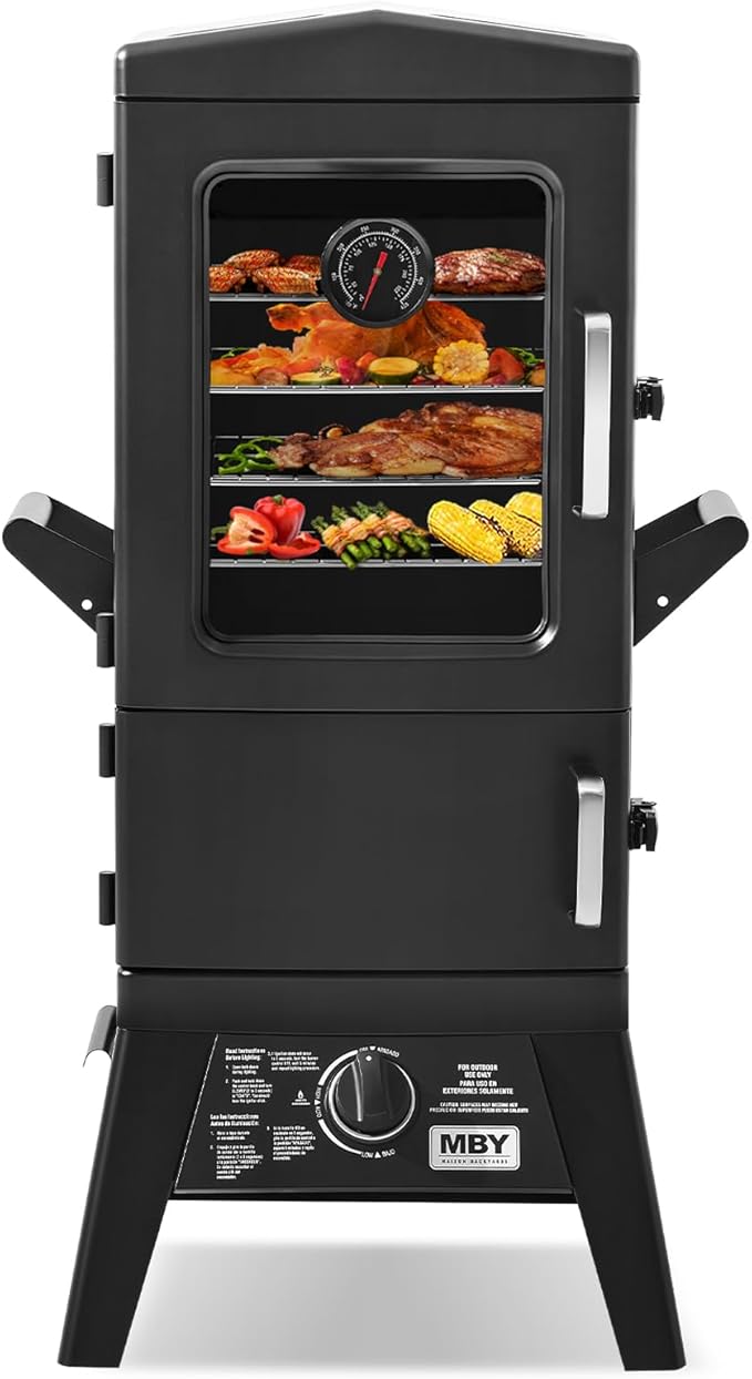 Propane SmokerVertical Outdoor Smoker with Cover and Temperature Control KnobHeavy Duty View Window Gas Smoker for Outdoor Cooking Patio Garden Barbecue