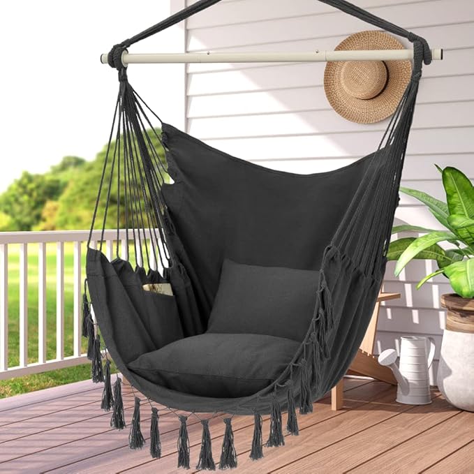 Y- STOP Hammock Chair Hanging Rope Swing Max 500 Lbs 2 Cushions Included Large Macrame Hanging Chair with Pocket Cotton Weave for Superior Comfort Durability (Dark Grey)