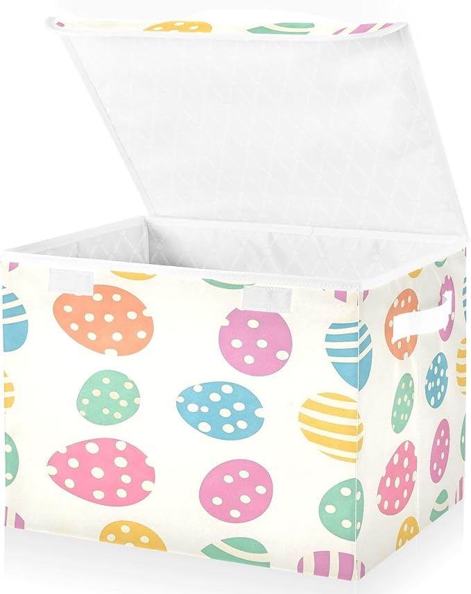 Christmas Storage Baskets with Lids Colorful Easter Eggs Collapsible Bins Stackable Fabric Linen Baskets Closet Organizer Container 16.5x12.6x11.8