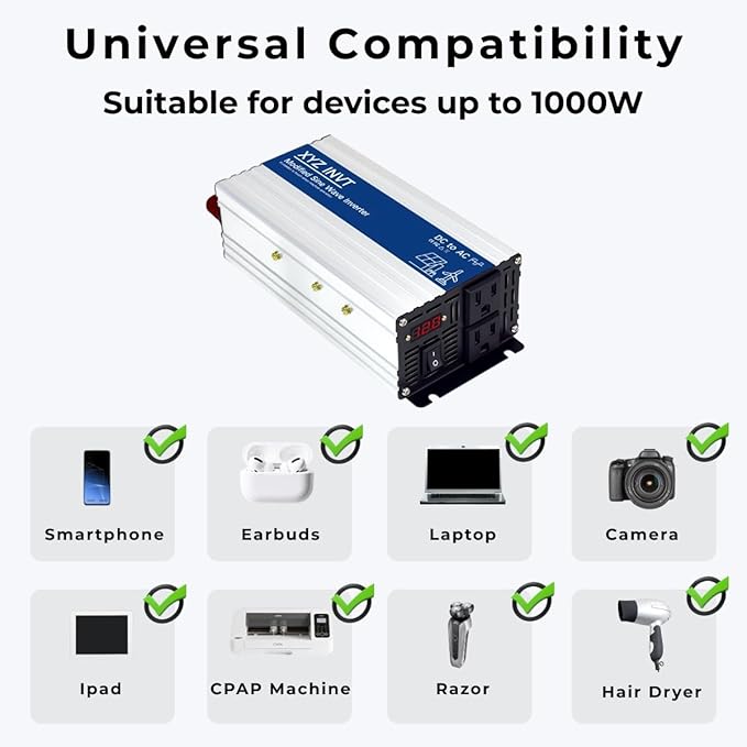 1000W Power Inverter 12V DC to 110V 120V AC Modified Sine Wave Car Power Inverter with 2 AC Outlets and LED Display for Vehicles Truck RV Home Emergency Camping Off-Grid Over 90% Efficiency