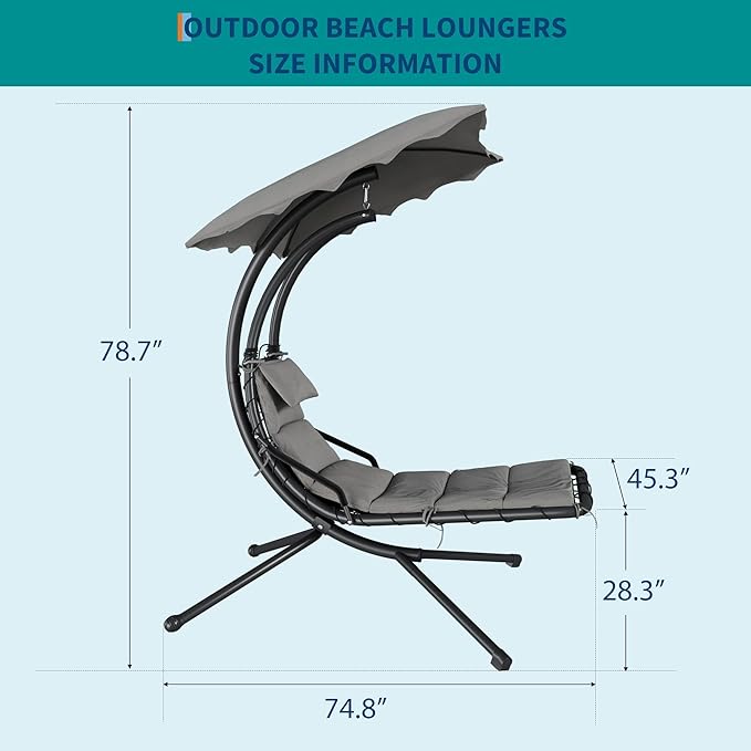 GarveeLife Chaise Lounger Swing Chair with Umbrella Canopy Patio Hanging Chaise Lounger Chair with Stand Curved Steel Outdoor Lounge Chairs for Indoor Patio Pool Garden Backyard Porch