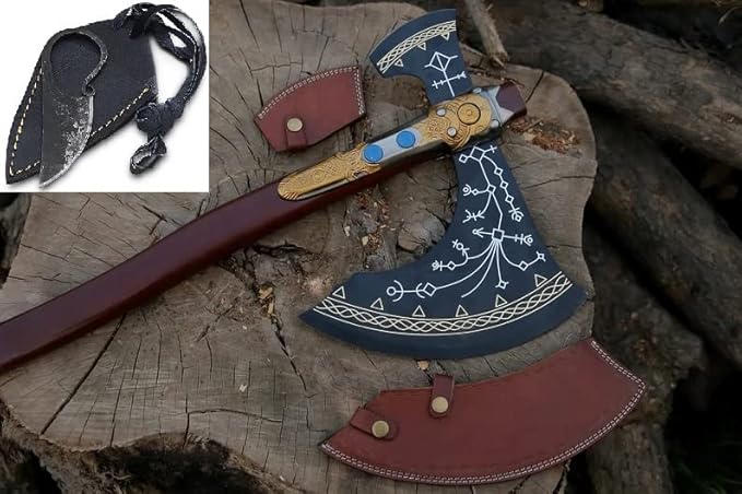Forest Hunting | Hand Forged Carbon Steel Kraatos Axe -GOW Axe Seax viking axe Functional Axe with Leather Sheath Gifts for Men (Kraatos Axe (Golden))