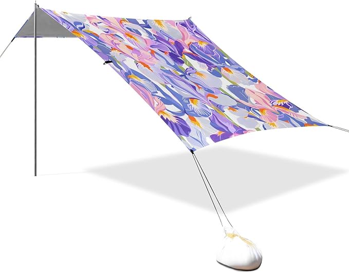 ALAZA Pink &amp Blue Iris Flower Beach Tent Sun Shelter UPF50+ Protection Beach Shade Canopy w/ 4 Sandbags for Outdoor Camping Fishing Backyard Fun Picnic 10x9 ft