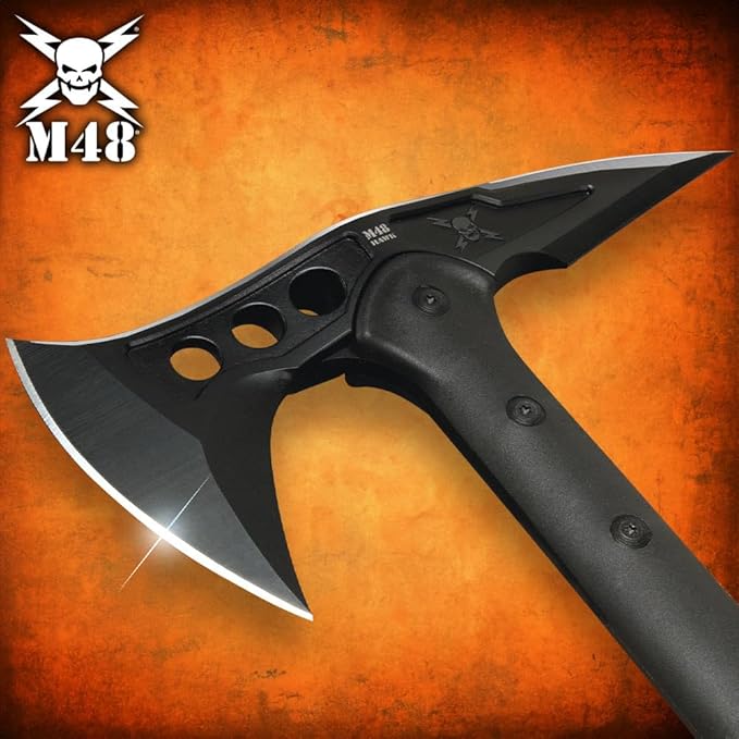 M48 Tactical Tomahawk Military Axe - Black Color | 3 ⅞” Cast Stainless Steel Combat Axe with Piercing Spike | Nylon Cord Wrapped Fiberglass Handle | Camping and Tactical Gear | 15” Length
