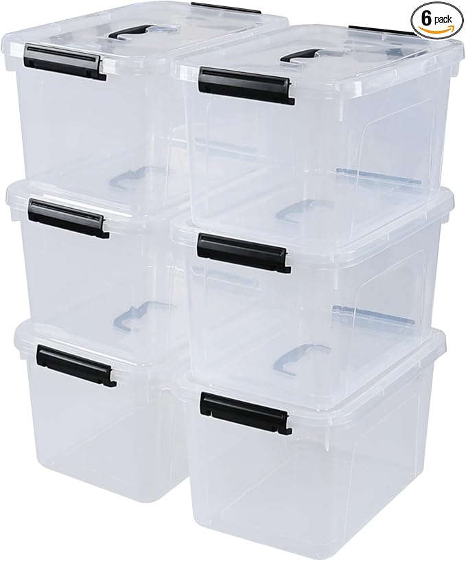 12 Quart Plastic Storage Latch Bins with Handle Clear Plastic Containers with Lids 6 Packs