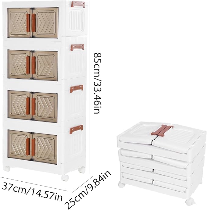 4 Tier Storage Bins with Lids Stackable Storage Bins with Wheels and Door Storage Cabinet Organizers for Home Foldable Containers (Transparent Door)