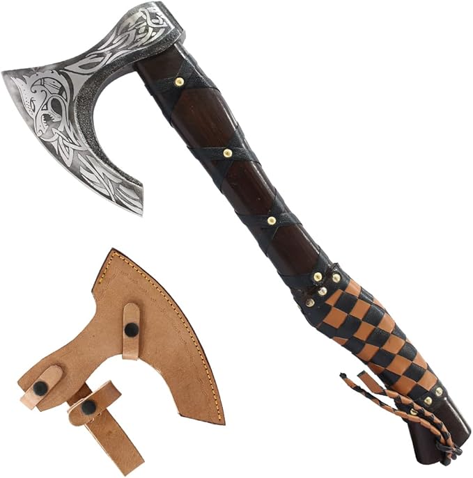 TheBoneEdge 19.5 Brown &amp Black Leather Wrapped Handle Steel Blade Hunting Axe with Sheath