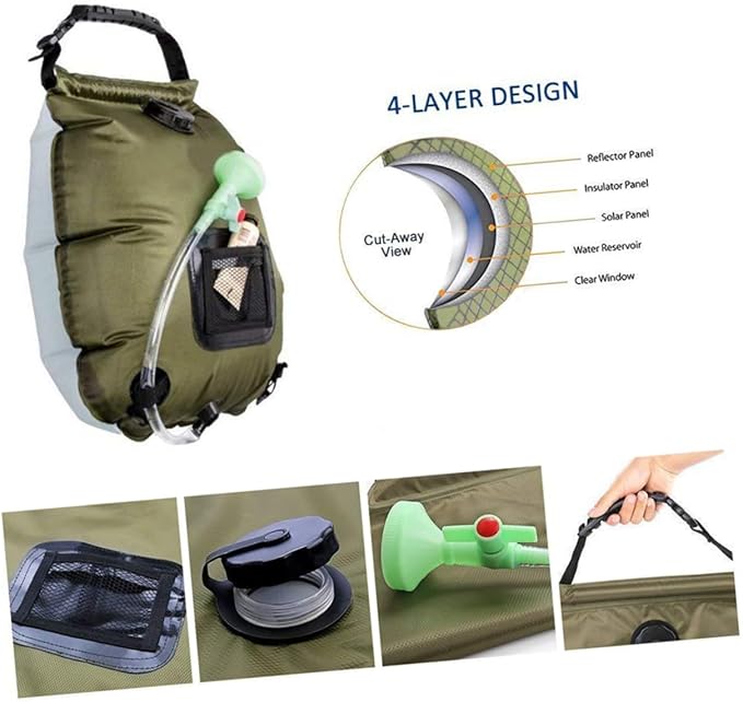 Mikikit Solar Shower Bag for Camping and Hiking Shower Nozzle Portable Outdoor Water Storage Olive Green for Traveling Beach and Picnics