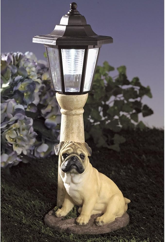 Bits and Pieces - Solar Dog Lantern-Solar Powered Garden Lantern - Resin Dog Sculpture with LED Light (Fawn Pug) - 13.5 Tall